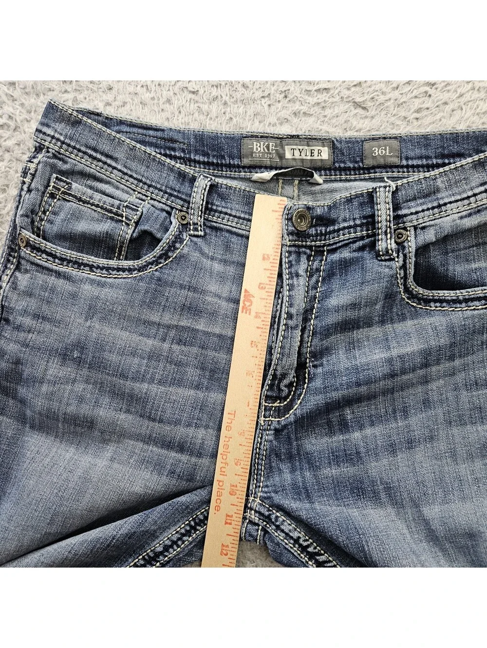 BKE TYLER Jeans Men Straight Leg 36L (Fits 36x33) Whiskering Stretch Denim *Hem